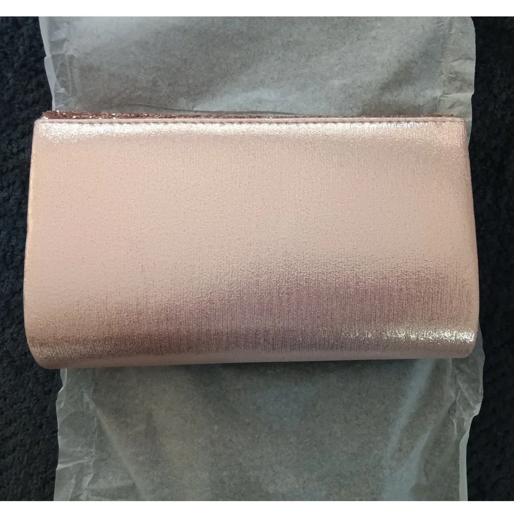 Champagne‎ Pink Glitter Envelope Clutch Bag Gold V Trim Formal Evening Purse NEW